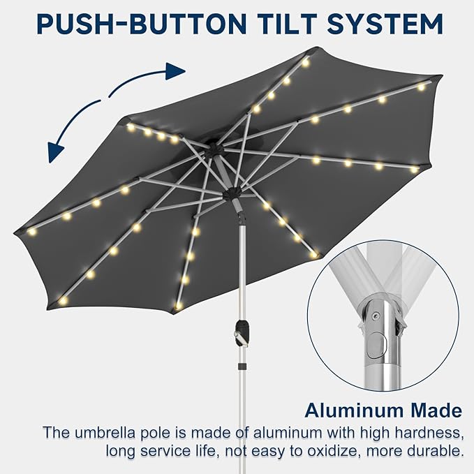 9FT Aluminum Patio Umbrella with 40-LED Solar Lighted, Fade-Resistant Outdoor Market Table Umbrella with Push Button Tilt Function, 8 Sturdy All-Aluminum Ribs for Gardens, Decks, Backyards & Pools