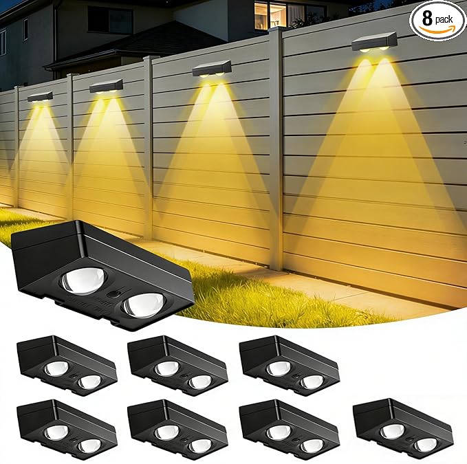 Solar Fence Lights Outdoor Waterproof 8 Pack 60 LM Brighter Dual LED Spot Lens 12 Modes & 9 Colors Deck Lights Solar Powered Wall Lighting Decor for Outside Yard Step Patio Porch Railing Pool