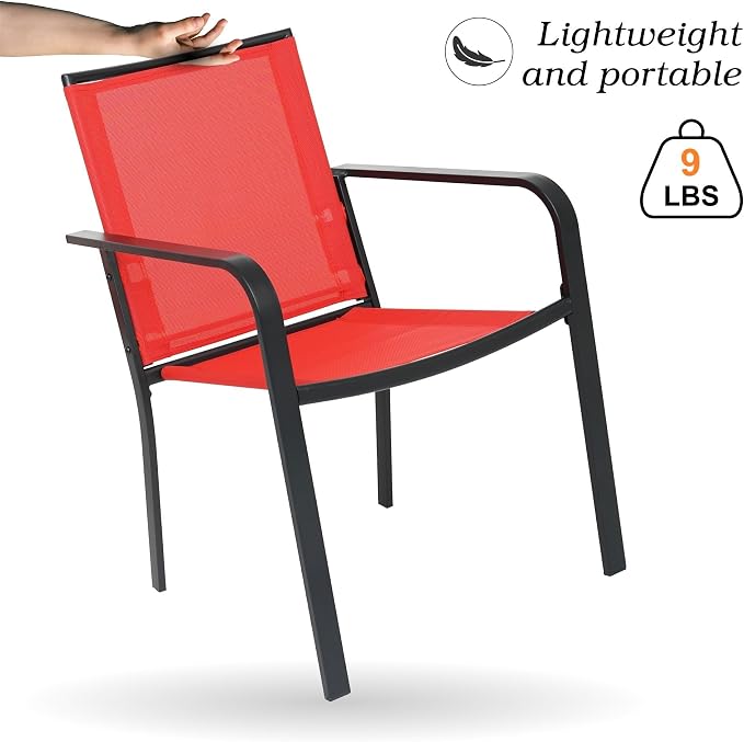 Anmutig 3-Piece Outdoor Dining Set, Small Metal Bistro Table with 2 Stackable Sling Chairs, 27.5 x 27.5 Inch Round Table, Red Fabric