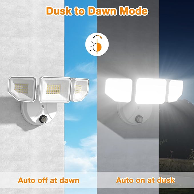 65W Dusk to Dawn Flood Lights Outdoor, 6500LM LED Outdoor Light, IP65 Waterproof, 6500K Daylight, 3 Adjustable Heads LED Security Light with Photocell for Yard Garage Porch White