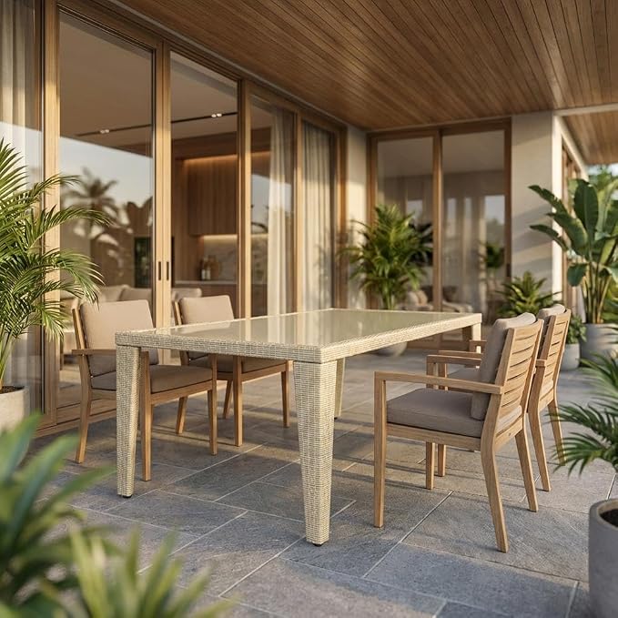 Beige Outdoor Wicker Dining Table Rectangle Pe Wicker with Glass Top, 36X60 Inch, Weather-Resistant, Stylish for Patio and Garden Use