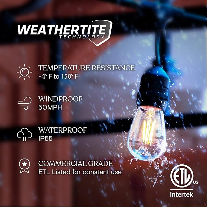Brightech Ambience Pro - Waterproof LED Outdoor String Lights - Hanging, Dimmable 2W Vintage Edison Bulbs - 48 Ft Commercial Grade Patio Lights Create Cafe Ambience in Your Backyard