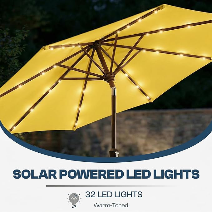 10FT Solar Patio Umbrella with Lights, Outdoor Table Market Umbrella with 32 LED Lights, 8 Sturdy Ribs, Push Button Tilt and Crank for Pool, Deck and Garden, UV-Resistant
