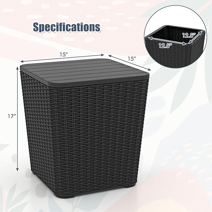 LDAILY 11.5 Gallon Outdoor Storage Box, Deck Box with Table Top & Stool, Resin Wicker Patio Side Table with Storage, Removable Lid, 330Lbs Capacity for Poolside, Balcony (Black)