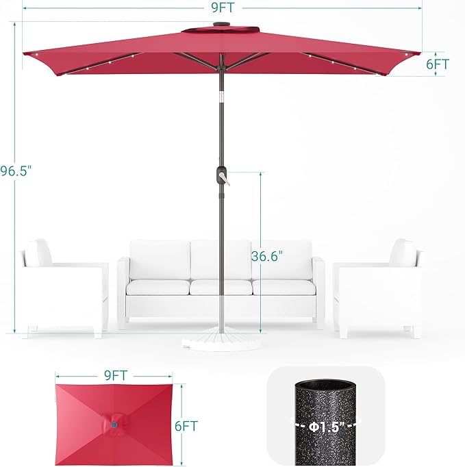 Rectangle Patio Umbrella with Solar Lights, 6x9ft Outdoor Rectangular Table Market Umbrella Patio with Push Button Tilt and Crank for Pool, Deck, Garden,Backyard
