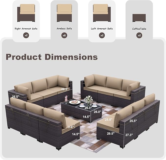 Patio Furniture Set 14-Piece Outdoor Furniture for Backyard Wicker Sectional Sofa Set, PE Rattan Patio Conversation Set 12 Seat with 4 Inch Thickened Cushions and Glass Coffee Tables, Sand