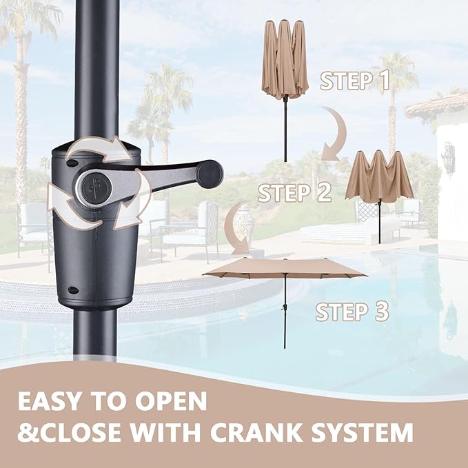 13Ft Large Patio Umbrella with Base Outdoor Double-Sided Market Extra Large Table Umbrella Easy Crank for Yard, Poolside, Deck-Khaki