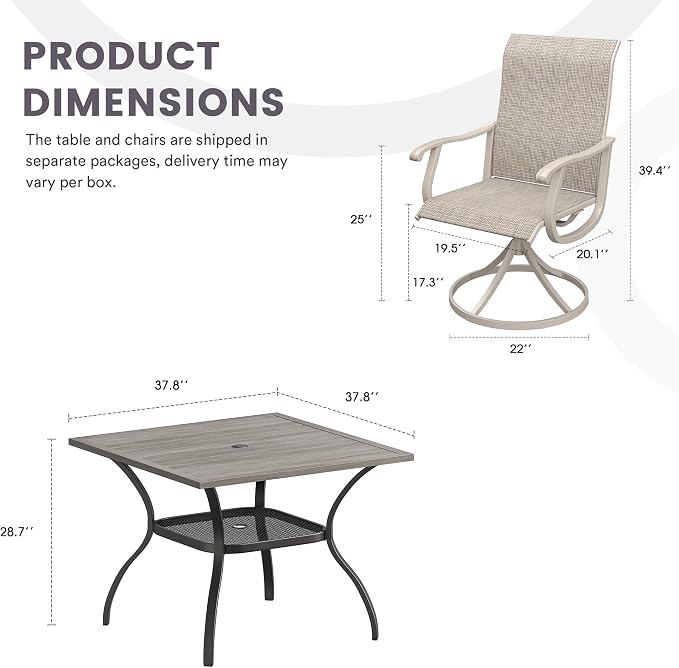 5 Pieces Patio Furniture Dining Set, 4 Textilene Swivel Dining Chairs, 38" Outdoor Square Metal Table with Storage Shelf and 1.57" Umbrella Hole, Outdoor Dining Set for Porch, Lawn, Grey/Sand