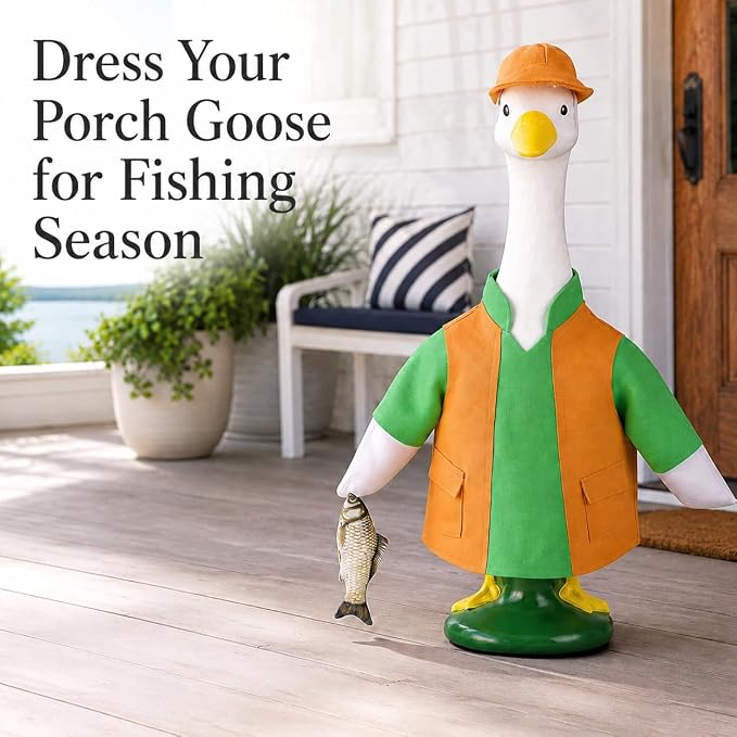 23" Porch Goose Outfits for Garden Yard Decor | Porch Goose Fisherman Outfit, Goose Clothes for Cement Duck for Summer Patio Party Decoration