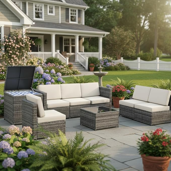 Tangkula 8 PCS Outdoor Patio Furniture Set, Rattan Wicker Sofa Set, Sectional Sofa Couch Conversation Set w/Storage Table and 12 Zippered Cushions for Garden Backyard Poolside (White)