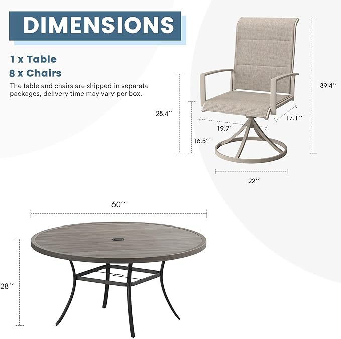 DIFY 9 Piece Outdoor Patio Dining Set for 8, 60" Grey Wood-Like Round Metal Dining Table and Swivel Patio Chairs with Sandshell Padded Textilene, All-Weather Outdoor Furniture Set for Garden Backyard
