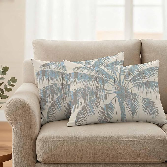 Pack of 2 Blue Beige Palm Tree Outdoor Pillow Covers Decorative, Summer Tropical Botanical Waterproof Pillow Protector, Vintage Lumbar Throw Pillowcases for Patio Couch Sofa Home Decor 20"x12"