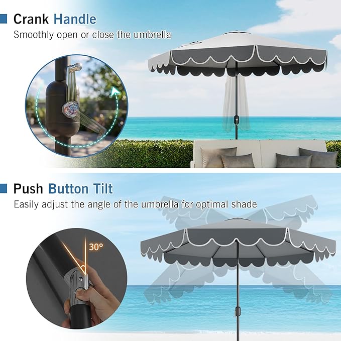 RELAX4LIFE 10 FT Scalloped Patio Umbrella, Market Table Umbrella with Push Button Tilt, Crank, 8 Sturdy Metal Ribs, Vented Top, Sun-Protective Ruffled Canopy, Heavy-duty Outdoor Parasol for Garden Poolside Deck