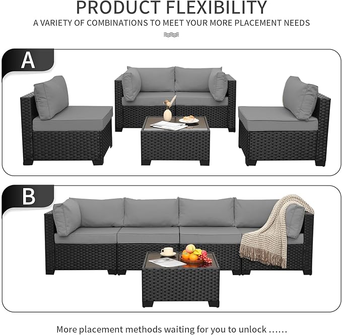 WAROOM Outdoor 5 Piece Patio Furniture Set, Black Rattan Conversation Couch Resin Wicker Sectional Sofa Outside Chair with Coffee Table, Grey Cushion