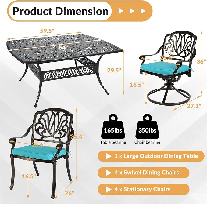 9 Piece Outdoor Patio Dining Set for 8, Cast Aluminium Large Square Dining Table & 4 Swivel Rocker Chairs, 4 Stationary, 8 Cushions, Umbrella Hole, Patio Furniture Set for Garden, Ocean Blue