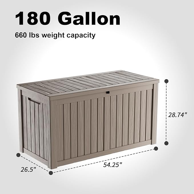 Vixzen 180 GallonOutdoor Storage Box Waterproof, Large Lockable Resin Deck Box with lid for Patio Furniture Cushions, Weatherproof Storage Boxes for Garden Tools & Pool Accessories(Grey, 180 Gallon)