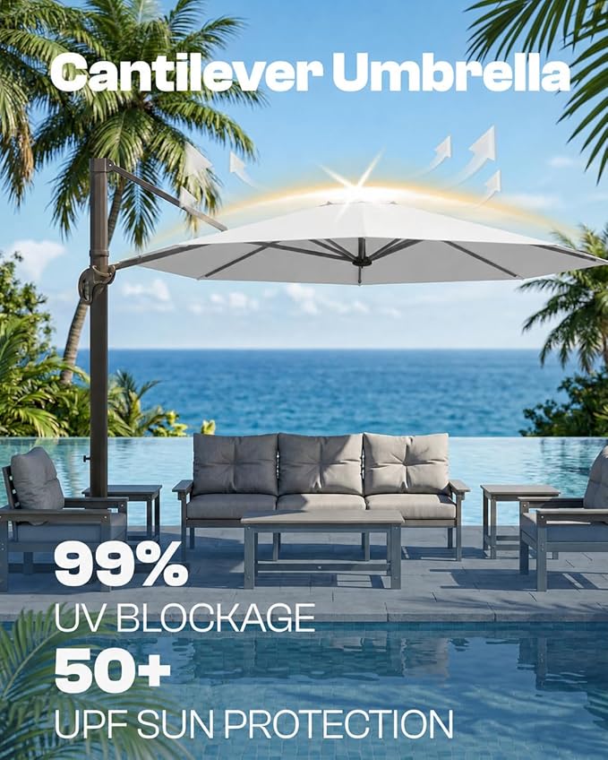 9 FT Round Cantilever Umbrella,Easy Tilt, Fade Resistant & 360° Rotation, Offset for Pool Deck Backyard Patiolight gray (Base not Included)