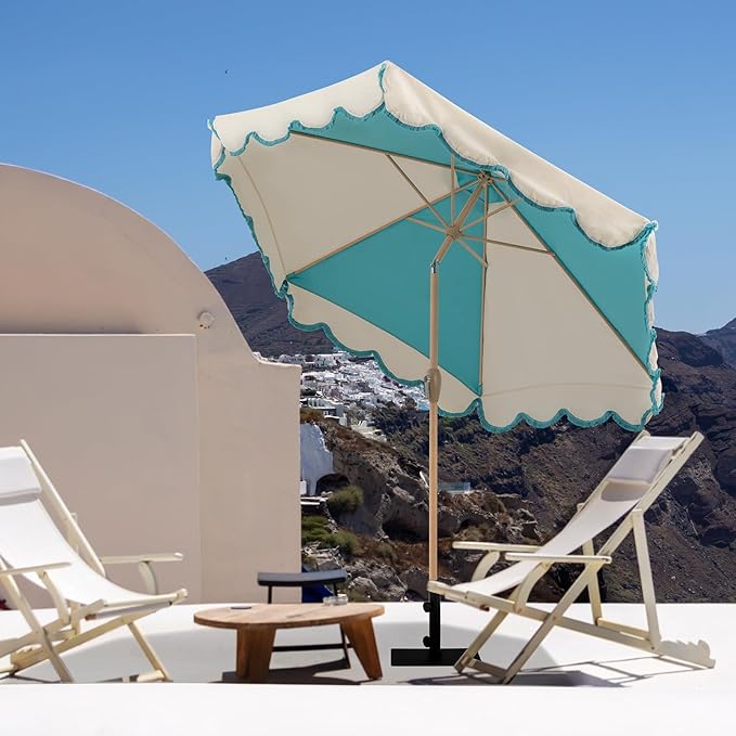 Tempera 9ft Scalloped Patio Umbrellas with Fringe, Market Umbrellas with Water-Resistant and Fade Resistant Canopy, 1.5" Wood Pole & Button Tilt.