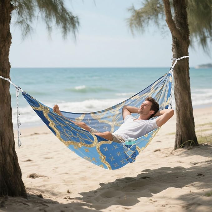 Blue and Gold Japanese Vintage Flowers 330lb Capacity Outdoor Hammock with Hanging Rope Rope Hammock for Indoor Outdoor Patio para ir de Camping