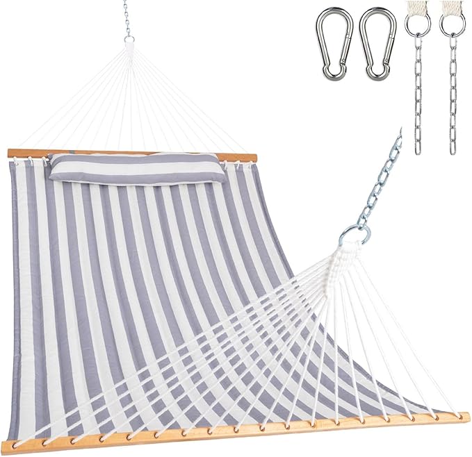 Lazy Daze Hammocks 12FT Quilted Fabric Double Hammock with Spreader Bars and Detachable Pillow, 2 Person, 450 lbs Capacity, Gray White