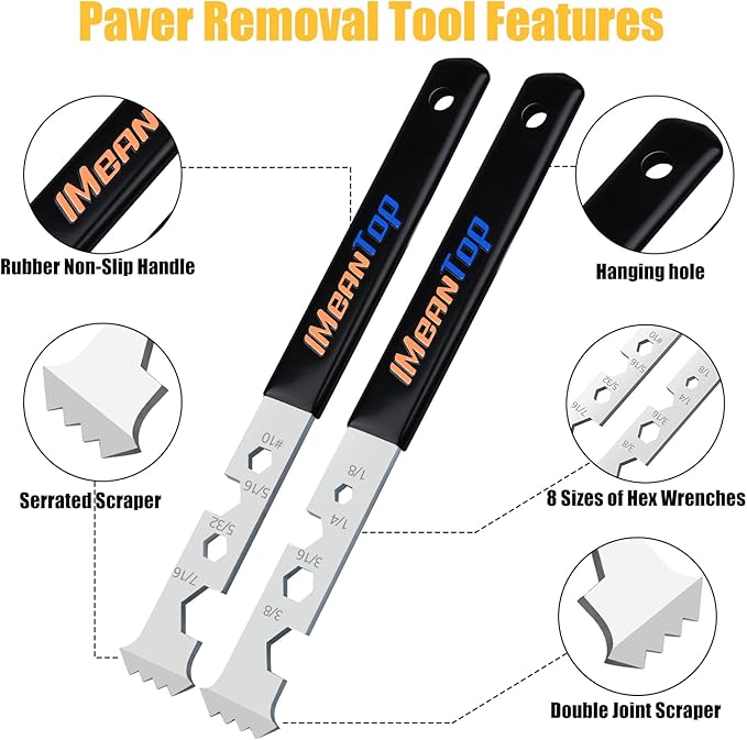 2-in-1 Paver Removal Tool with Hex Wrench, Heavy-Duty Steel Paver Lifter & Puller with Dual-Jointed Scraper, Micro-Serrated Groove & Non-Slip Handle, Paver Extractor Tool for Garden, Patio, Driveway