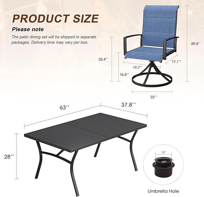 VICLLAX 7 Pieces Outdoor Dining Set, Patio Furniture Set Includes 63" Rectangular Metal Table W/ 1.9" Umbrella Hole and 6 Padded Textilene Swivel Chairs for Porch, Lawn, Garden, Backyard