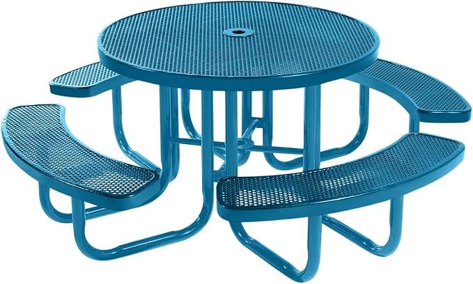 COATEDOUTDOORFURNITURE Heavy-Duty Portable Outdoor Picnic Table with Umbrella Hole, Punched Steel Commercial-Grade Patio Furniture Made in America (46" Round Top, Light Blue with Light Blue Frames)