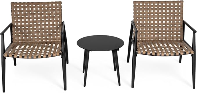 Christopher Knight Home Oakes Patio Table and Chairs Set, 3-Piece Patio Conversation Set, Outdoor Tempered Glass Table and PE Rattan Armchairs Set of 2, Garden/Poolside Reading Nook, Black+Brown