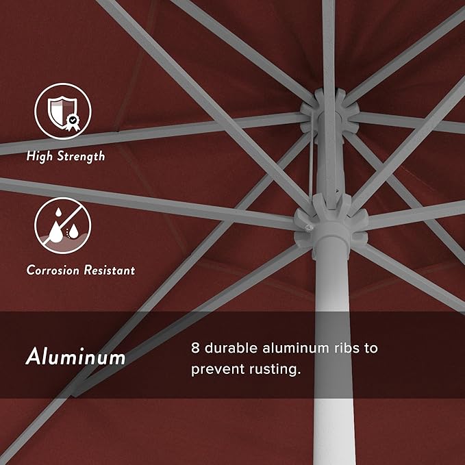 California Umbrella 12-Year Protection 9' Rd Aluminum Patio Umbrella, Crank Lift, Auto Tilt, White Finish, Sunbrella Jockey Red