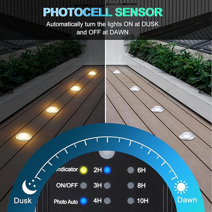 Dimmable LED Deck Lights With Timer and Photocell Sensor, 20 Pack Recessed Light Kits, IP67 Waterproof Outdoor Smart Lighting for Garden, Yard, Patio, Step, Floor Decoration