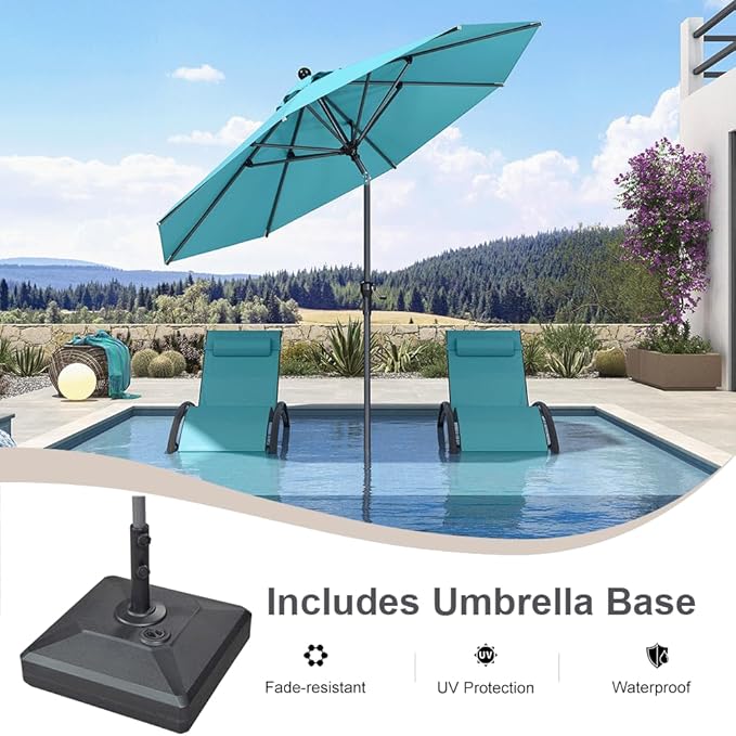 PURPLE LEAF 9' Round Patio Market Umbrella with Base Outdoor Table Umbrellas Aluminum Frame Sun Shade with 8 Sturdy Ribs Tilt for Garden Deck Lawn Pool Turquoise Blue