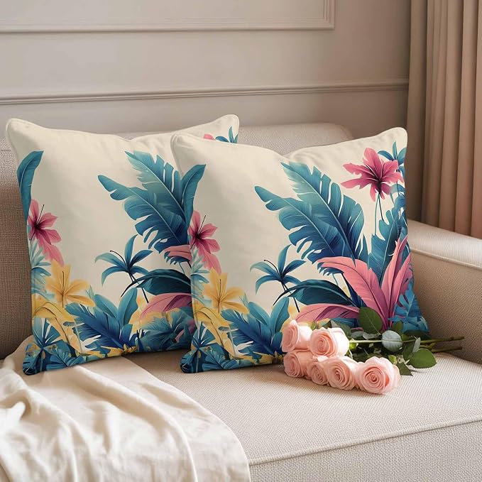 Summer Tropical Leaves Waterproof Outdoor Pillow Covers Set of 2 Home Decor, Farmhouse Botanical Plants Pillowcase Patio Pillow Covers for Couch Bench Furniture Garden 20x20in