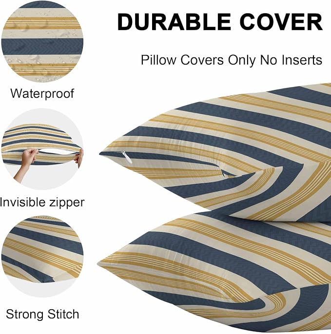 Vandarllin Outdoor Throw Pillows Covers 18x18 inch Set of 2 Waterproof Navy Blue Stripes Lines Decorative Zippered Cushion Covers for Patio Furniture, Yellow Classic Striped Lumbar Pillowcases