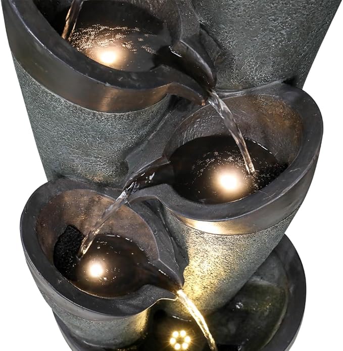 39.3" Indoor/Outdoor Garden Water Fountain with LED Lights, Pillars & Irregular Bowl Floor-Standing Fountain, 5-Tiers Cascading Waterfall Feature for Home Garden Decor