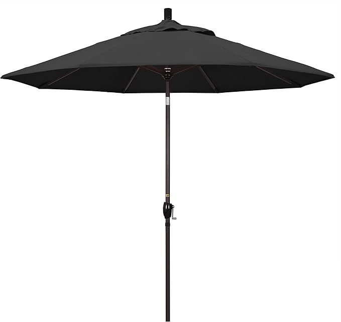 California Umbrella 9' Round Aluminum Patio Umbrella, Crank Lift, Push Button Tilt, Bronze Pole, 4-Year Non-Fading Fabric, Black