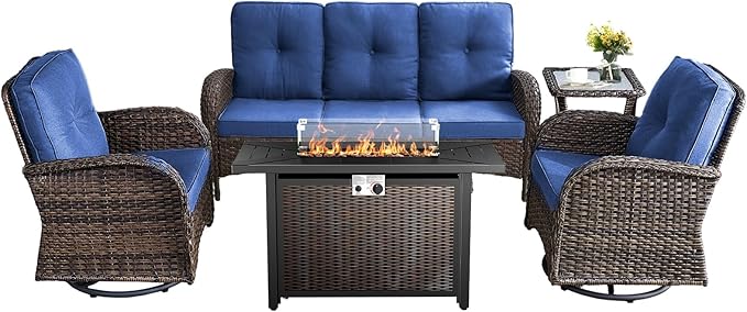5 Pieces Patio Furniture Set with Fire Pit Table-All Weather Rattan Wicker Outdoor Couch with Outdoor Swivel Chair Outdoor Furniture for Deck Porch Garden Balcony Poolside-Brown/Blue