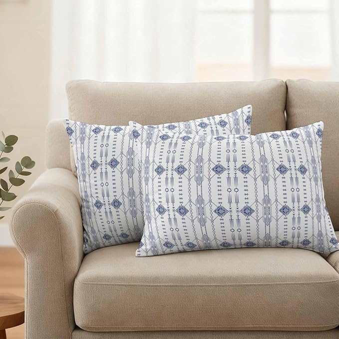 Outdoor Waterproof Pillow Covers Ikat Ethnic Seamless Decorative Throw Pillow Protectors,Indian Tribal Texture on White Pillowcase Cushion Cases for Patio Sofa Garden Couch,20x12in,Pack of 2
