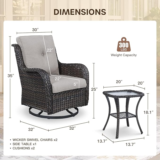Patio Swivel Chairs with Smile-Shaped Cushions, 3 Piece High Back Patio Swivel Glider Chairs with Side Table 3PCS PE Rattan Luxury Patio Conversation Set Brown Wicker | Beige Cushions