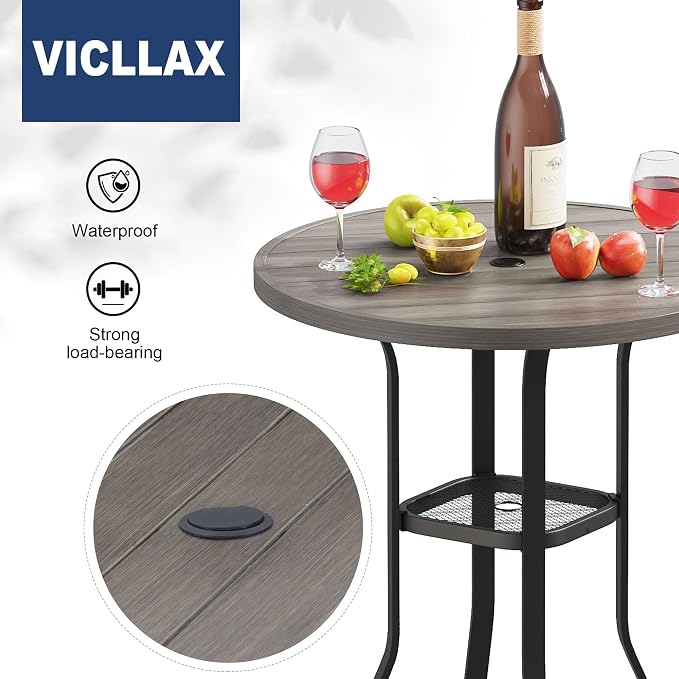 VICLLAX Outdoor Bar Table, 35.4" Wide Round Patio Bar-Height Table Weather Resistant Metal Slatted Tabletop with Umbrella Hole for Front Porch Deck, Backyard, Light Grey