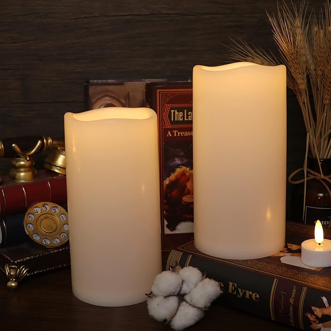 GenSwin Waterproof Outdoor Flameless Candles Battery Operated with Remote Timer, Large Flickering LED Pillar Candles for Indoor Outdoor Lanterns, Won’t melt, Long-Lasting(White, Set of 2) D4 x H8 8"