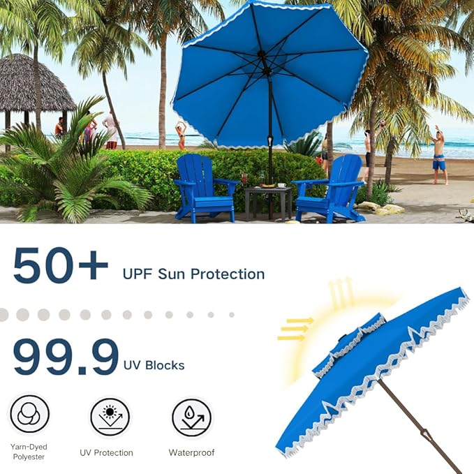 Patiokingdom 9FT Patio Umbrella with Fringe,Tassel Umbrella UPF 50+ & Push-Button Tilt,Rust-Resistant Fiberglass Frame for Pool,Garden,Backyard,Yard (Royal Blue)