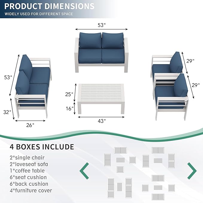 Amopatio Aluminum Patio Furniture Set, 7 Pieces Modern Patio Conversation Sets, Outdoor Sectional Metal Sofa with Coffee Table for Balcony, Garden, White&Blue (Included Waterproof Covers)