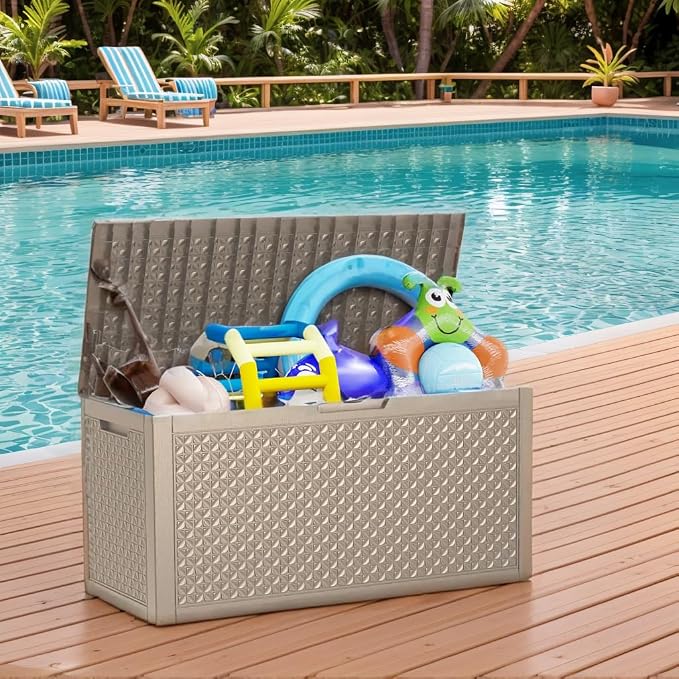 New 121 Gallon Outdoor Storage Box, Resin Deck Boxes Waterproof, Indoor Outdoor Bin for Package Delivery, Patio Cushions, Gardening Tools, Lockable, UV Resistant