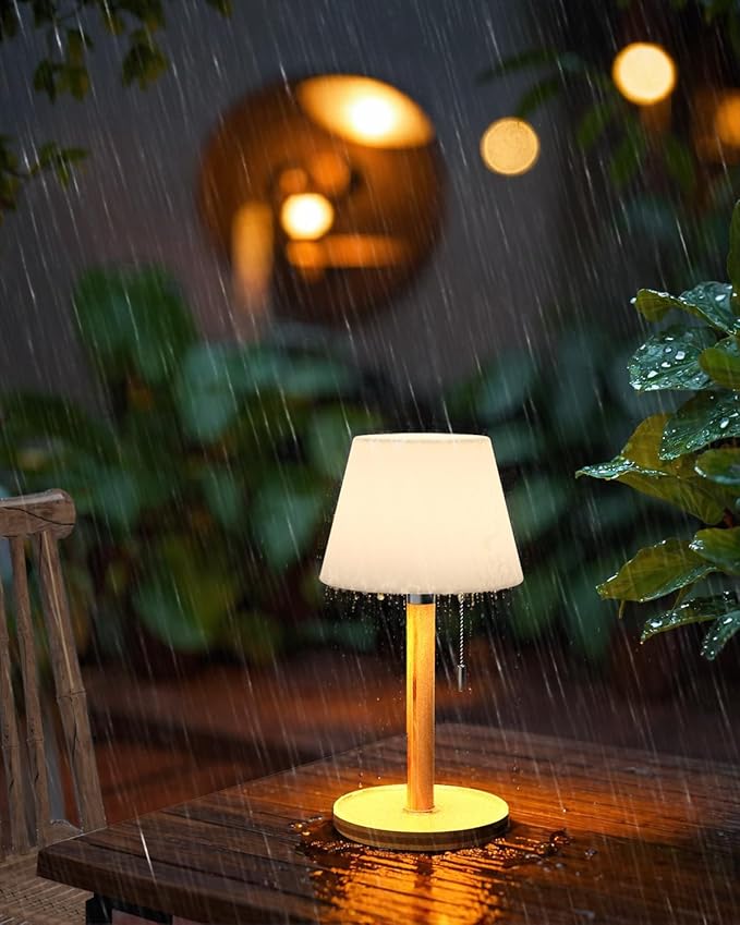 Outdoor Waterproof Table Lamp for Patio, Small Cordless Battery-Operated Lamp, Rechargeable Shower Light, 3 Lighting Modes Desk Light with Pull Chain Garden Outside Camping Bathroom, Wood Grain