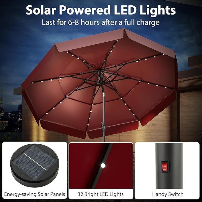 Tangkula 10 FT Solar LED Patio Umbrella, 3-Tiers Scalloped Outdoor Table Market Umbrella with 32 LED Lights, Tilt Adjustment, Crank, 8 Sturdy Ribs for Pool, Deck, Backyard (Burgundy)