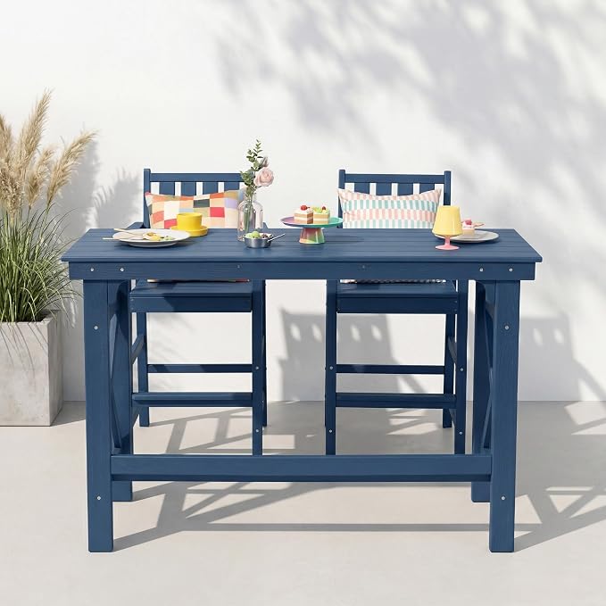 3-Piece Outdoor Bar Table and Chairs Set, HDPE Counter Height Patio Dining Sets, Adirondack Bar Height Chairs Set of 2 and Bar Table for Bistro, Poolside, Backyard, Blue