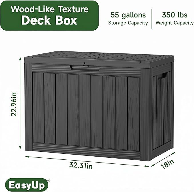 EasyUp 55 Gallon Deck Boxes Outdoor Waterproof, Resin Outside Storage Box for Patio Cushion Furniture Pool Accessories Garden Tools Indoor Outdoor Storage Bench (55 Gallon, Black)