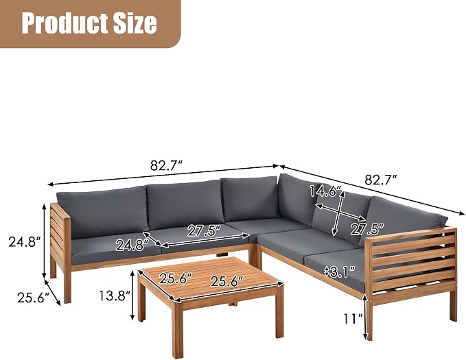Wood Structure Outdoor Sofa Set, Acacia Wood Conversation Sofa and Table Set with Water-Resistant Cushions, Sectional Sofa Set for Gazebo Garden Balcony Poolside, Gray