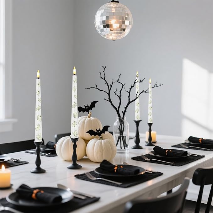 Halloween Flameless Taper Candles with Ghosts Glow in The Dark, Real Wax Battery Operated Candles with Remote, 3 Pack Flickering Halloween Led Candlesticks for Party Home Decor