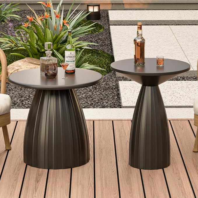 Round Metal Outdoor Patio Side Table Set of 2, Black Small Patio End Table, Steel Outdoor Accent Table for Garden, Pool, Deck, Balcony, Yard, Living Room, Weather Resistant, No Assembly